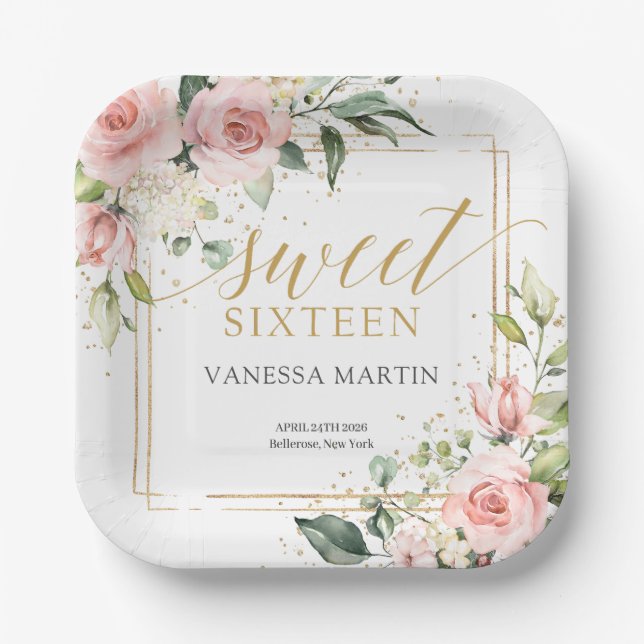 Watercolor Blush roses eucalyptus sweet sixteen Paper Plate (Front)