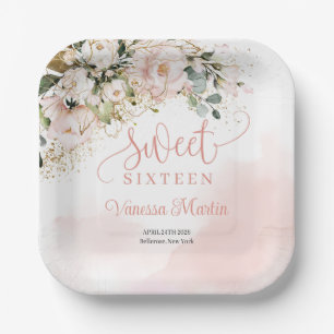 Watercolor Blush roses eucalyptus sweet sixteen Paper Plate