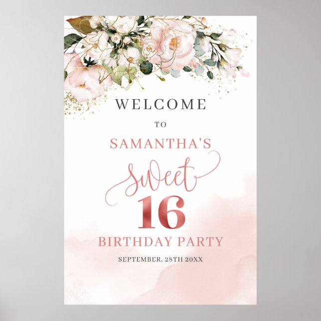Watercolor Blush roses gold 16th birthday welcome Poster (Front)