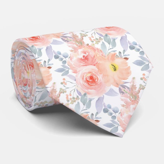 Watercolor Blush Roses Peonies Eucalyptus Tie (Rolled)