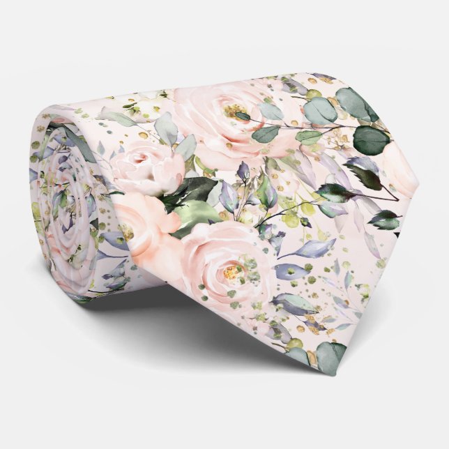 Watercolor Blush Roses Peonies Hydrangeas Tie (Rolled)