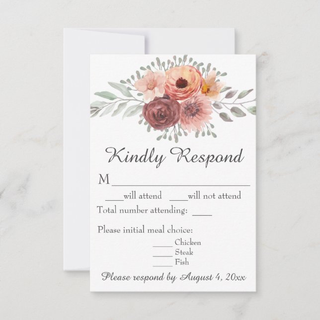 Watercolor Blush Rust Floral Wedding RSVP Card (Front)