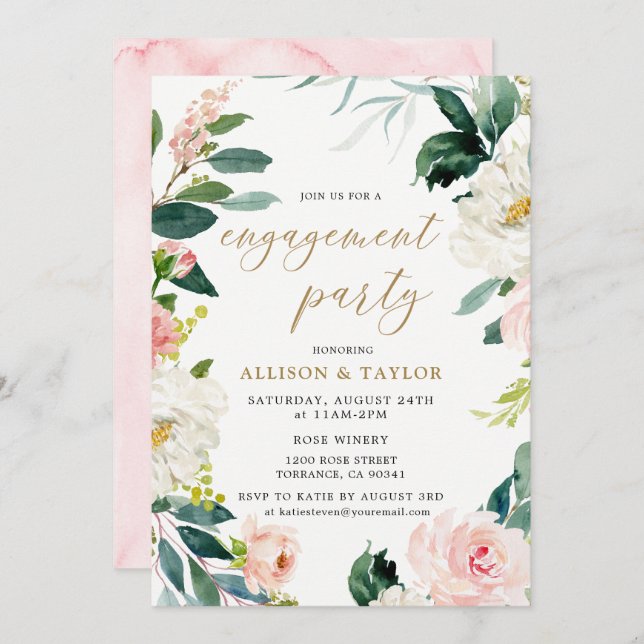 Watercolor Blush Rustic Engagement Party Invitation (Front/Back)