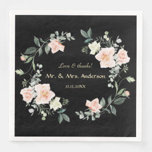 Watercolor Blush White Flowers Black Wedding Napkin