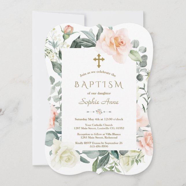 Watercolor Blush White Flowers Gold Girl Baptism Invitation (Front)