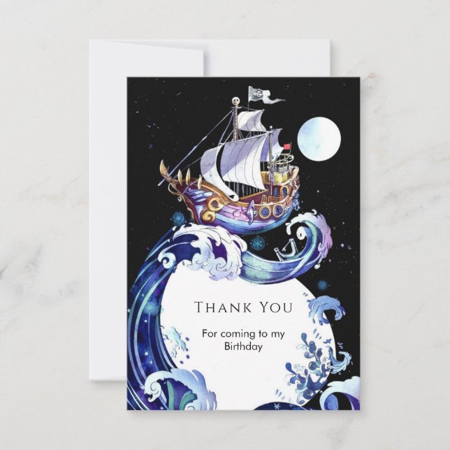Watercolor Boat Adventure Pirate Birthday Thank You Card (Front)