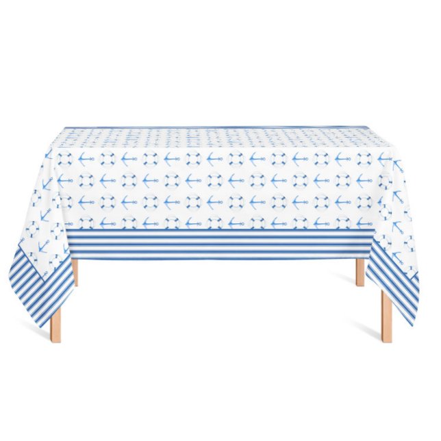 Watercolor Boat Anchor Lifebuoy Striped Border  Tablecloth (Nautical Sailing Tablecloth with watercolor boat anchor and lifebuoys, striped border)