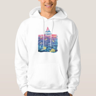 Watercolor Boat, Fish & Waves Hoodie