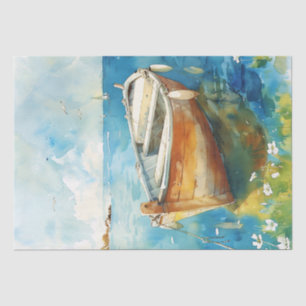 Watercolor Boat on Blue Water Decoupage Tissue Paper