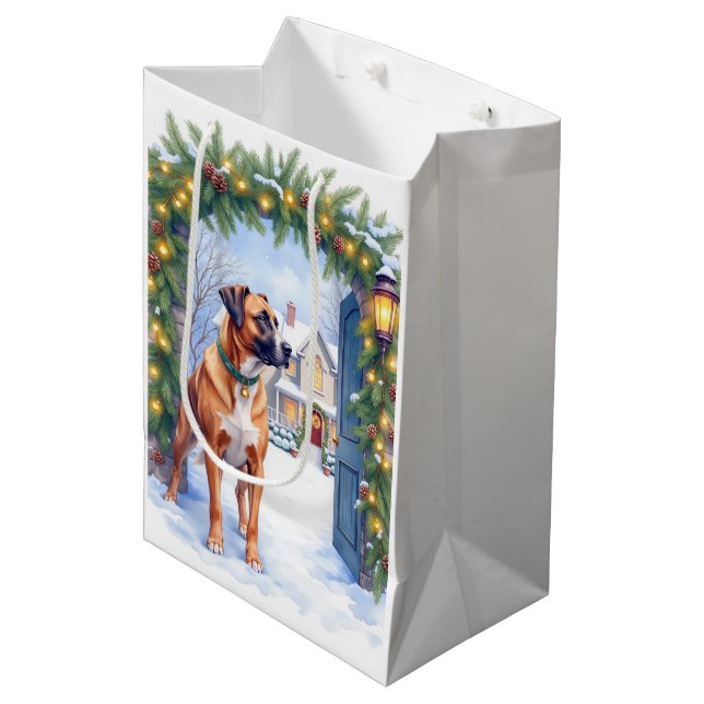 Watercolor Boerboel Farmhouse Gate Christmas Medium Gift Bag (Front Angled)