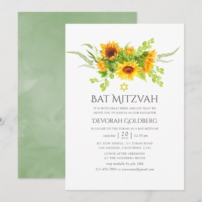 Watercolor Bohemian Boho Sunflowers Bat Mitzvah Invitation (Front/Back)