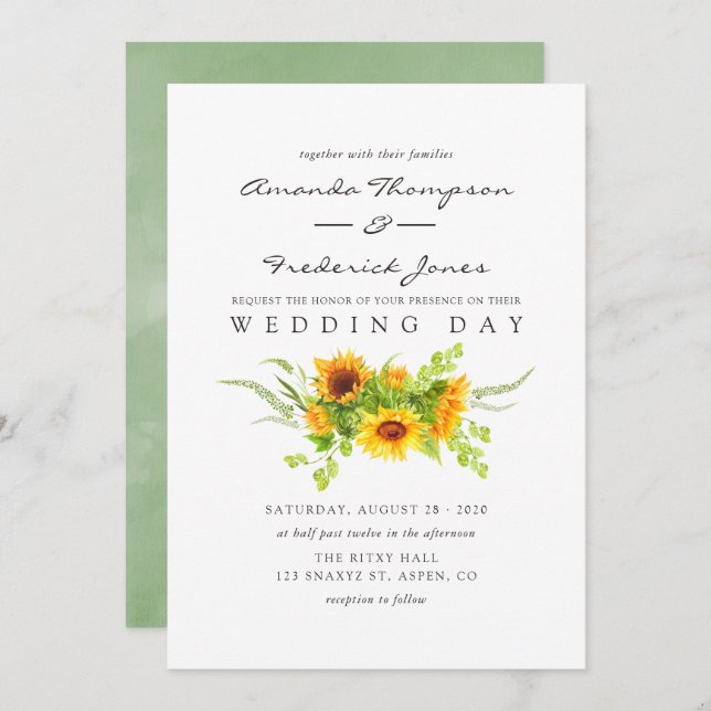 Watercolor Bohemian Boho Sunflowers Wedding Invitation (Front/Back)
