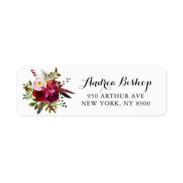 Watercolor Bohemian Burgundy Flowers Label (Front)