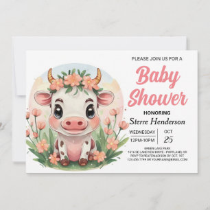 Watercolor Bohemian Farm Cow Baby Shower Invitation