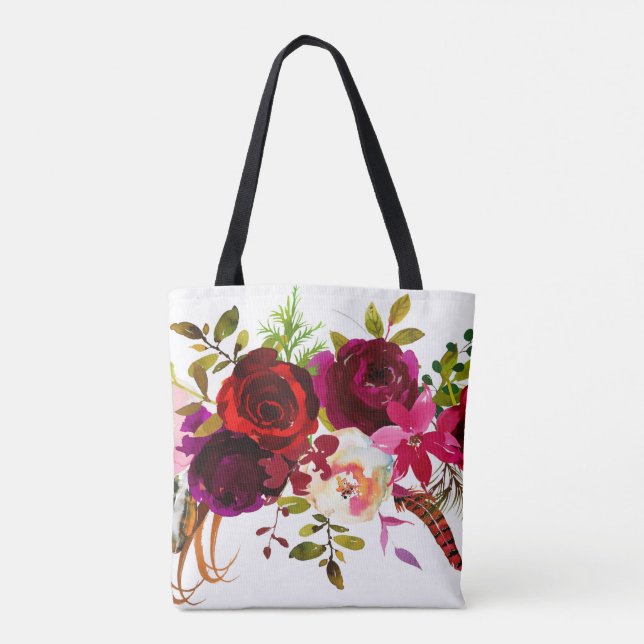 Watercolor Bohemian Floral Burgundy Marsala Red Tote Bag (Back)