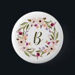 Watercolor Bohemian Floral Wreath Monogram 6 Cm Round Badge<br><div class="desc">Bohemian inspired pin button featuring watercolor purple and ivory flowers with foliage wreath. This customisable monogram pin button is perfect for a personalised gift.</div>