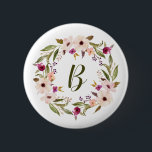 Watercolor Bohemian Floral Wreath Monogram 6 Cm Round Badge<br><div class="desc">Bohemian inspired pin button featuring watercolor purple and ivory flowers with foliage wreath. This customisable monogram pin button is perfect for a personalised gift.</div>