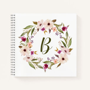 Watercolor Bohemian Floral Wreath Monogram Notebook