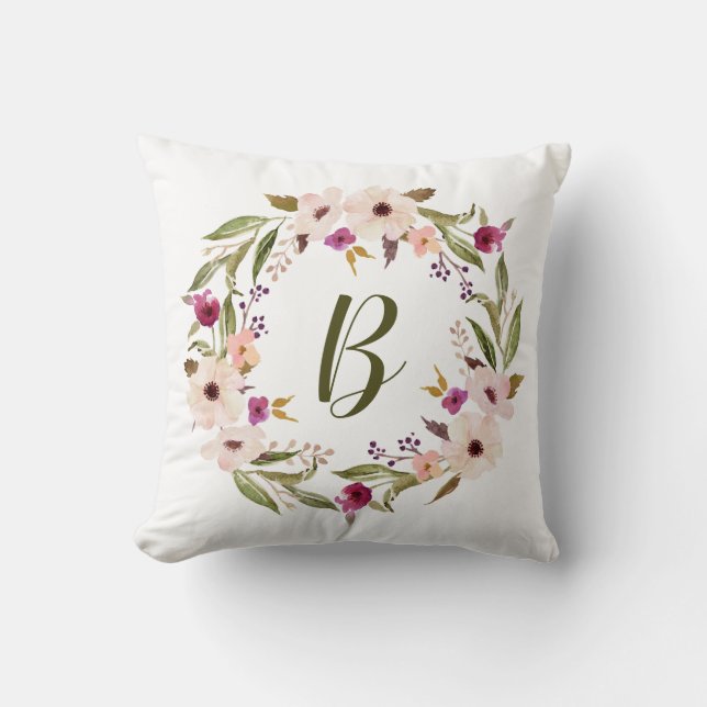 Watercolor Bohemian Floral Wreath Monogram Pillow (Front)