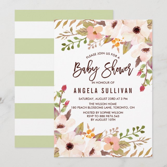 Watercolor Bohemian Flowers Baby Shower Invitation (Front/Back)