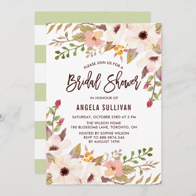 Watercolor Bohemian Flowers Bridal Shower Invite (Front/Back)