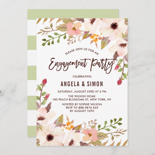 Watercolor Bohemian Flowers Engagement Party Invitation (Front/Back)