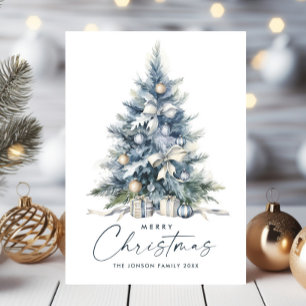 Watercolor Bohemian Neutral Blue Christmas Tree Holiday Card