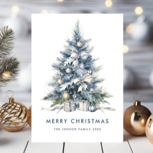 Watercolor Bohemian Neutral Blue Christmas Tree Holiday Card