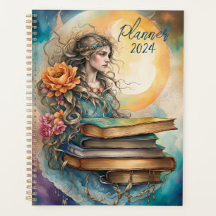 Watercolor Bohemian Style Women, Books and Flowers Planner