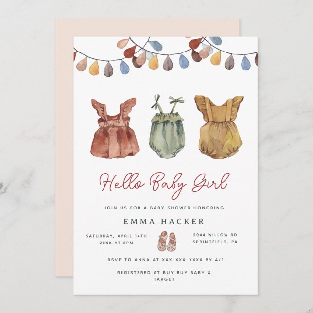 Watercolor Boho Baby Girl Shower  Invitation (Front/Back)