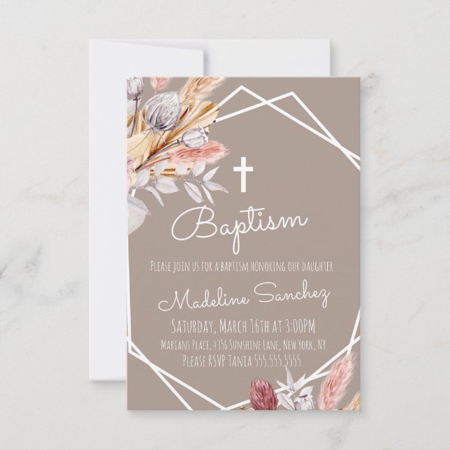Watercolor Boho Baptism Framed Baby Dedication  Invitation (Front)