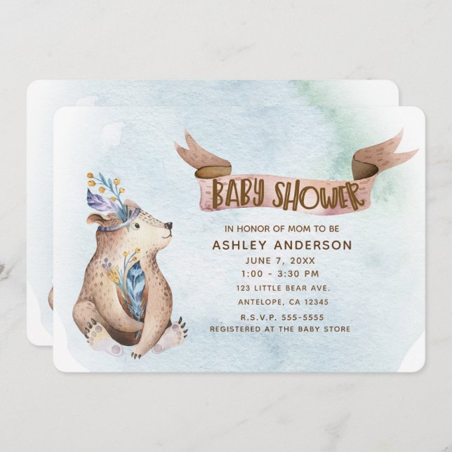 Watercolor Boho Bear Rustic Animals Baby Shower Invitation (Front/Back)