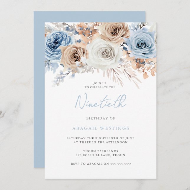 Watercolor Boho Blue Floral 90th Birthday Party Invitation (Front/Back)