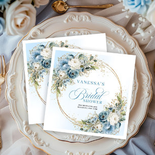 Watercolor boho blue florals eucalyptus gold party napkin