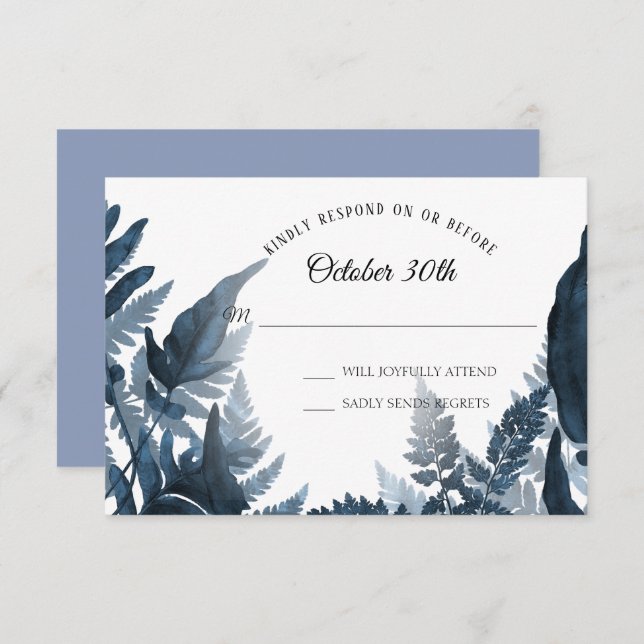 Watercolor Boho Blue Modern Fern Foliage RSVP Invitation (Front/Back)