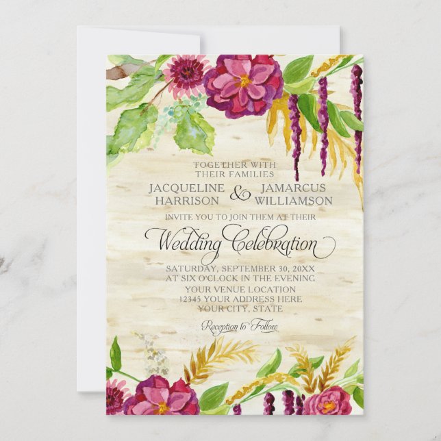 Watercolor Boho Bohemian Burgundy Rose Floral Fall Invitation (Front)