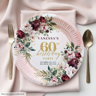 Watercolor Boho Burgundy Greenery Gold 60 Birthday Paper Plate