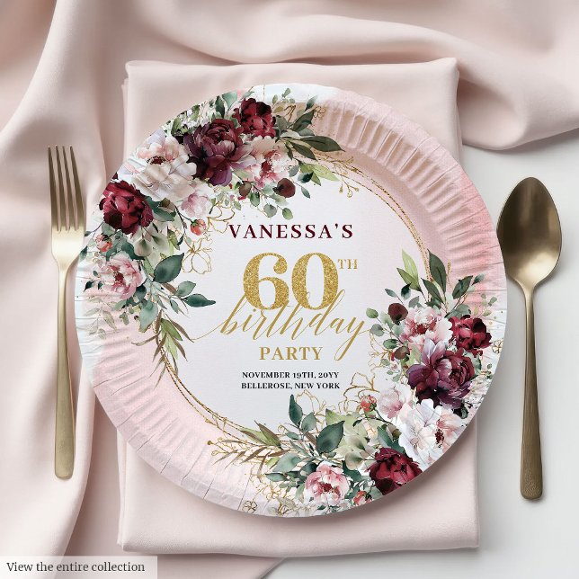 Watercolor Boho Burgundy Greenery Gold 60 Birthday Paper Plate (Watercolor Boho Burgundy Greenery Gold 60 Birthday Paper Plates)