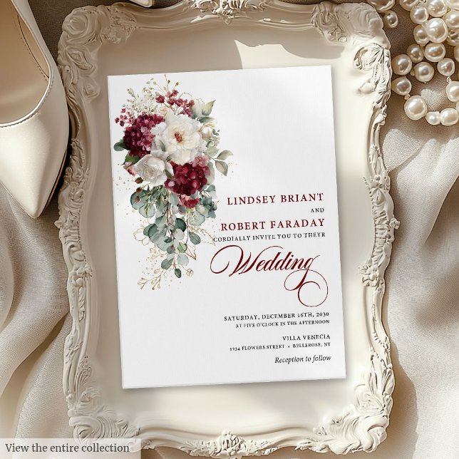 Watercolor Boho Burgundy White Wedding Invitation (Watercolor Boho Burgundy White Wedding Invitation)