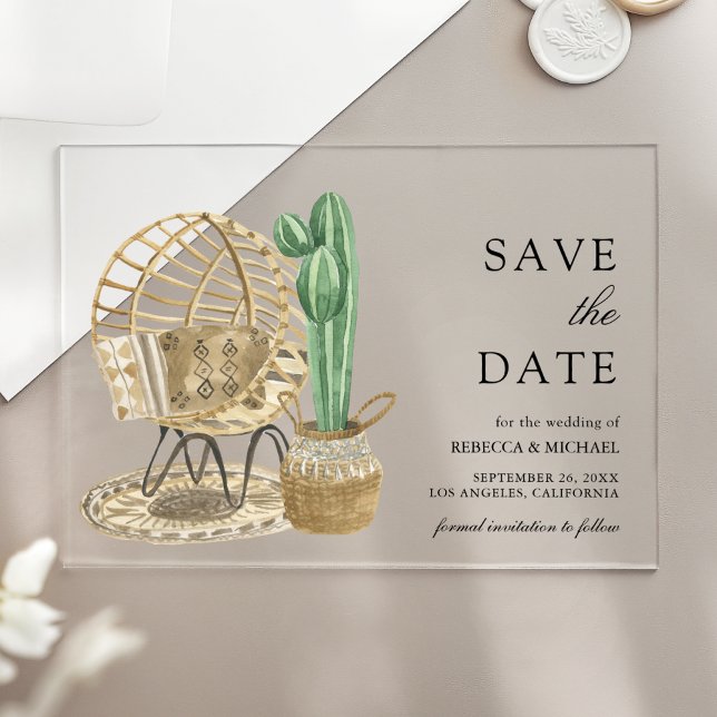 Watercolor Boho Cactus Wedding Save the Date Acrylic Invitations (Creator Uploaded)