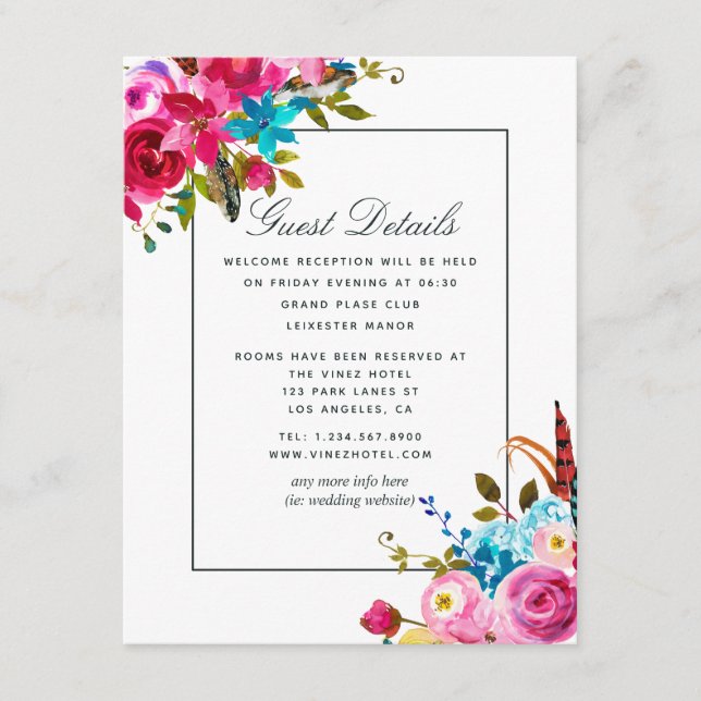 Watercolor Boho Chic Floral Guest Details Enclosure Card (Front)