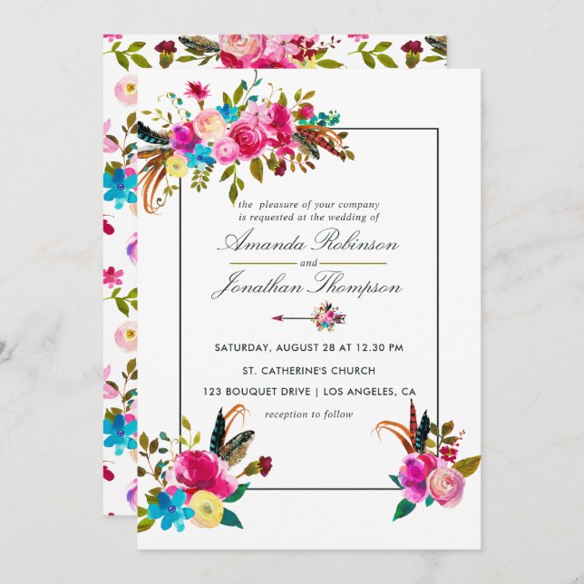 Watercolor Boho Chic Floral Wedding invitation (Front/Back)