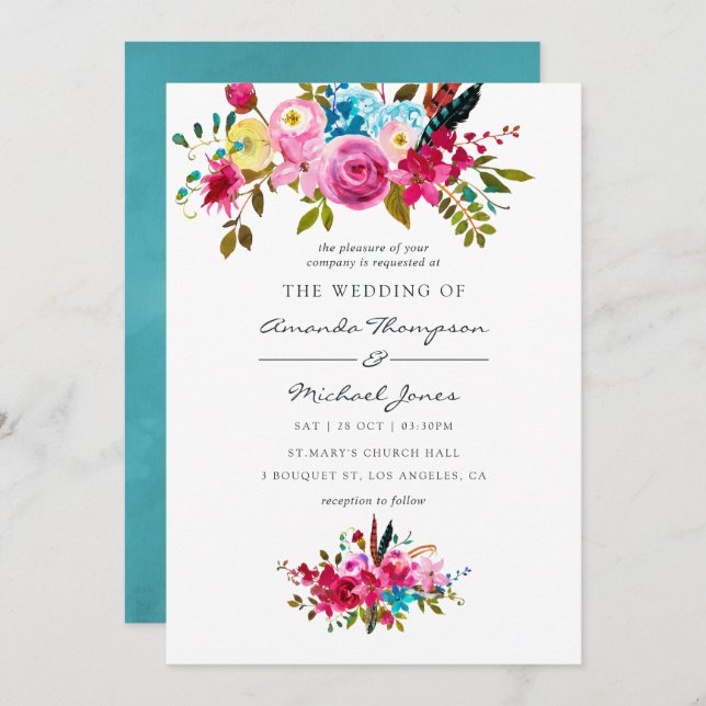 Watercolor Boho Chic Floral Wedding Invitation (Front/Back)