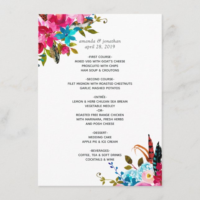 Watercolor Boho Chic Floral Wedding Menu (Front)