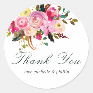 Watercolor Boho Chic Floral Wedding Thank You Classic Round Sticker