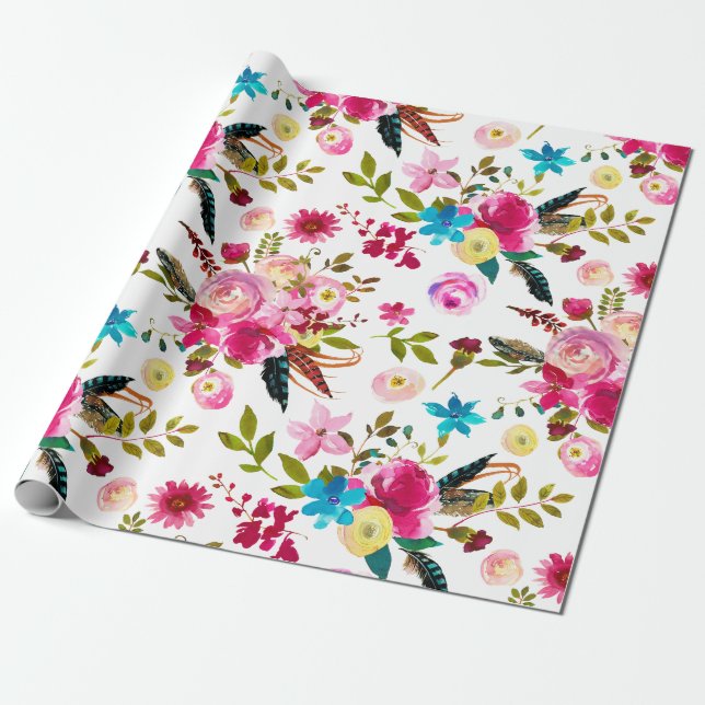 Watercolor Boho Chic Floral Wedding Wrapping Paper (Unrolled)