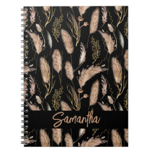 Watercolor Boho Chic Pampas Grass Pattern Black Notebook