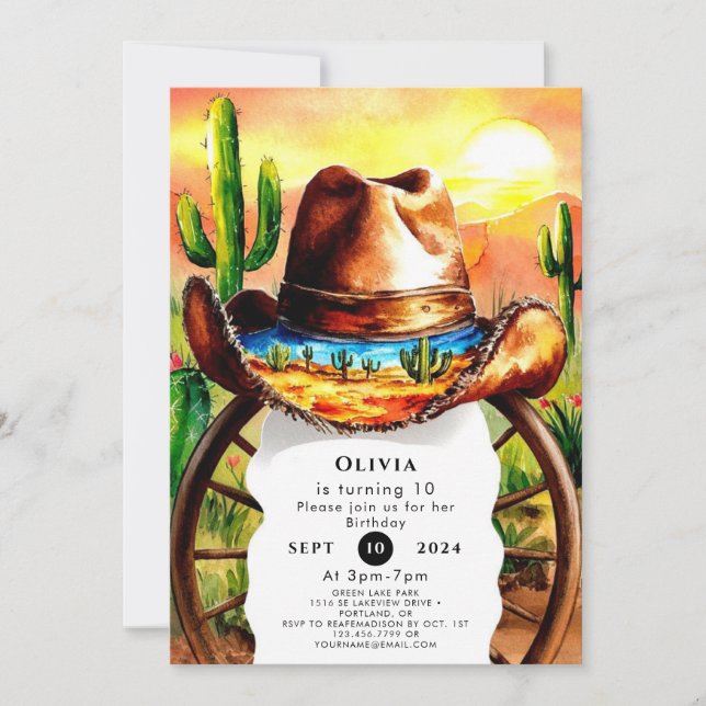 Watercolor Boho Cowboy Birthday Invitation (Front)