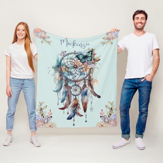 Watercolor Boho Dreamcatcher Personalised Name Fleece Blanket (In Situ)
