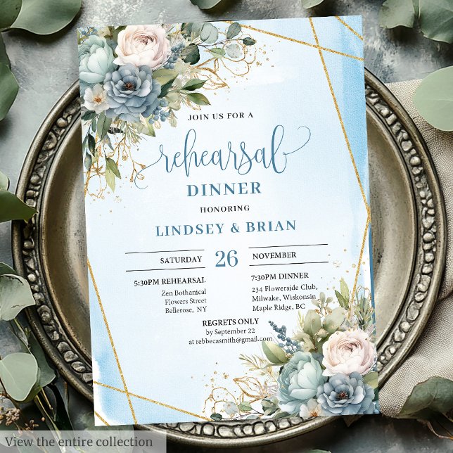 Watercolor Boho Dusty Blue Gold Glitter Rehearsal Invitation (Watercolor Dusty Blue Gold Glitter Rehearsal Dinner)